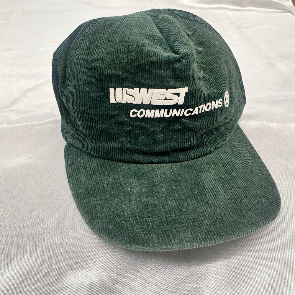 VTG 80s US West Communications Corduroy Hat Snapback Green Made In USA Trucker